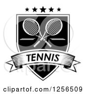 Clipart Of Black And White Crossed Tennis Rackets With Stars In A Shield With A Tennis Banner Royalty Free Vector Illustration