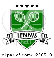 Clipart Of Crossed Tennis Rackets With Stars In A Green Shield With A Tennis Banner Royalty Free Vector Illustration