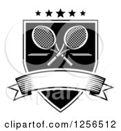 Clipart Of Black And White Crossed Tennis Rackets With Stars In A Shield With A Blank Banner Royalty Free Vector Illustration