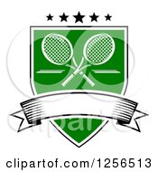 Clipart Of Crossed Tennis Rackets With Stars In A Green Shield With A Blank Banner Royalty Free Vector Illustration