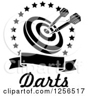 Clipart Of Black And White Darts In A Target Inside A Star Circle Over A Blank Baner With Text Royalty Free Vector Illustration