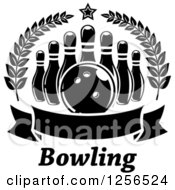 Clipart Of A Black And White Bowling Ball And Pins In A Wreath With A Banner And Text Royalty Free Vector Illustration