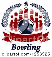 Clipart Of A Bowling Ball And Pins In A Wreath With A Banner And Text Royalty Free Vector Illustration