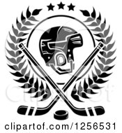 Clipart Of A Black And White Helmet With Crossed Ice Hockey Sticks And A Puck In A Wreath Royalty Free Vector Illustration