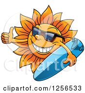 Poster, Art Print Of Summer Sun Wearing Glasses And Holding A Surfboard With A Thumb Up