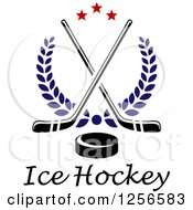 Clipart Of Crossed Ice Hockey Sticks And A Puck Over Laurels And Text Royalty Free Vector Illustration