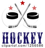 Poster, Art Print Of Crossed Ice Hockey Sticks And Pucks With Stars Over Text