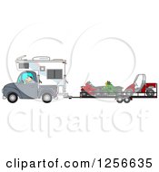 Poster, Art Print Of Caucasian Man Driving A Truck And Camper And Towing Atvs And A Utv