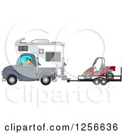 Caucasian Man Driving A Truck And Camper And Towing A Utv