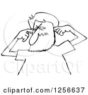 Clipart Of A Black And White Cartoon Man Plugging His Ears Royalty Free Vector Illustration