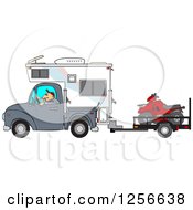 Poster, Art Print Of Caucasian Man Driving A Truck And Camper And Towing An Atv
