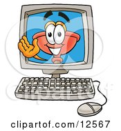 Clipart Picture Of A Sink Plunger Mascot Cartoon Character Waving From Inside A Computer Screen by Toons4Biz