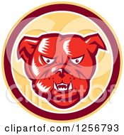Poster, Art Print Of Retro Red Woodcut Guard Bulldog In A Yellow Maroon And White Circle
