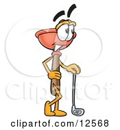 Sink Plunger Mascot Cartoon Character Leaning On A Golf Club While Golfing