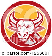Clipart Of A Retro Woodcut Longhorn Steer Bull In A Red And Yellow Circle Royalty Free Vector Illustration