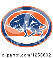 Retro Woodcut Charging Angry Bison In A Blue Orange And White Oval