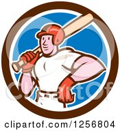 Poster, Art Print Of Cartoon Male Baseball Player With A Bat In A Blue White And Brown Circle