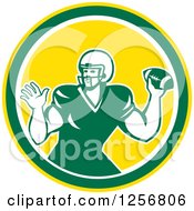 Poster, Art Print Of Retro Green American Football Player Throwing In A Yellow Circle