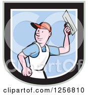 Clipart Of A Cartoon Male Mason Plasterer Worker Holding A Trowel In A Shield Royalty Free Vector Illustration by patrimonio