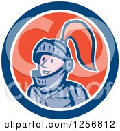 Clipart Of A Cartoon Happy Knight In A Blue White And Red Circle Royalty Free Vector Illustration