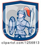Poster, Art Print Of Cartoon Happy Knight In A Red Blue White And Gray Shield