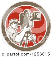 Poster, Art Print Of Retro Cameraman Filming In A Brown White And Red Circle