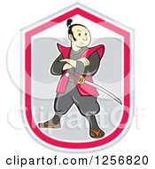 Poster, Art Print Of Cartoon Samurai Warrior With Folded Arms In A Pink White And Gray Shield