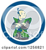 Clipart Of A Cartoon Samurai Warrior With Folded Arms In A Blue White And Gray Circle Royalty Free Vector Illustration