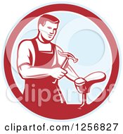 Clipart Of A Retro Shoemaker Cobbler Working In A Red And Blue Circle Royalty Free Vector Illustration