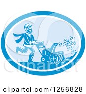 Poster, Art Print Of Happy Man Operating A Snow Blower In A Blue Oval