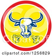 Poster, Art Print Of Retro Longhorn Steer Bull Snorting In A Red And Yellow Circle