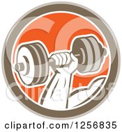 Retro Bodybuilders Hand Lifting A Dumbbell In A Brown White And Orange Circle