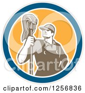 Clipart Of A Retro Male Janitor With A Mop In A Blue White And Yellow Circle Royalty Free Vector Illustration by patrimonio