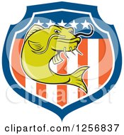 Poster, Art Print Of Cartoon Angry Green Catfish Over An American Flag Shield