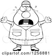 Clipart Of A Black And White Scared Screaming Chubby Male Hunter Royalty Free Vector Illustration by Cory Thoman
