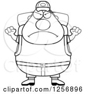 Poster, Art Print Of Black And White Mad Chubby Hiker Man With Camping Gear Waving His Fists