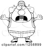 Clipart Of A Black And White Scared Screaming Chubby Hiker Man With Camping Gear Royalty Free Vector Illustration
