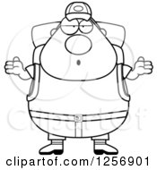 Clipart Of A Black And White Careless Shrugging Chubby Hiker Man With Camping Gear Royalty Free Vector Illustration