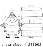 Clipart Of A Black And White Chubby Hiker Man With Camping Gear By Wood Signs Royalty Free Vector Illustration