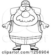 Clipart Of A Black And White Chubby Hiker Man With A Mustache And Camping Gear Royalty Free Vector Illustration