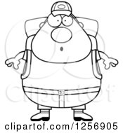 Clipart Of A Black And White Surprised Chubby Hiker Man With Camping Gear Royalty Free Vector Illustration