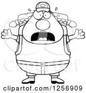 Clipart Of A Black And White Scared Screaming Chubby Hiker Woman With Camping Gear Royalty Free Vector Illustration