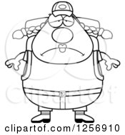 Clipart Of A Black And White Sad Depressed Chubby Hiker Woman With Camping Gear Royalty Free Vector Illustration