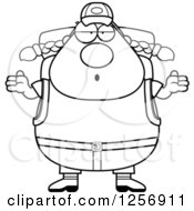 Poster, Art Print Of Black And White Careless Shrugging Chubby Hiker Woman With Camping Gear
