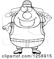 Clipart Of A Black And White Waving Friendly Chubby Hiker Woman With Camping Gear Royalty Free Vector Illustration