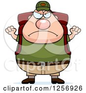 Poster, Art Print Of Mad Chubby Caucasian Hiker Man With Camping Gear Waving His Fists