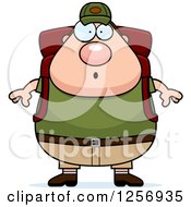 Clipart Of A Surprised Chubby Caucasian Hiker Man With Camping Gear Royalty Free Vector Illustration
