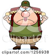 Poster, Art Print Of Mad Chubby Caucasian Hiker Woman With Camping Gear And Waving Her Fists