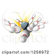 Clipart Of A 3d Bowling Ball Striking Pins Royalty Free Vector Illustration