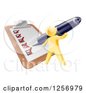 Poster, Art Print Of 3d Gold Man Using A Pen To Check Off A List